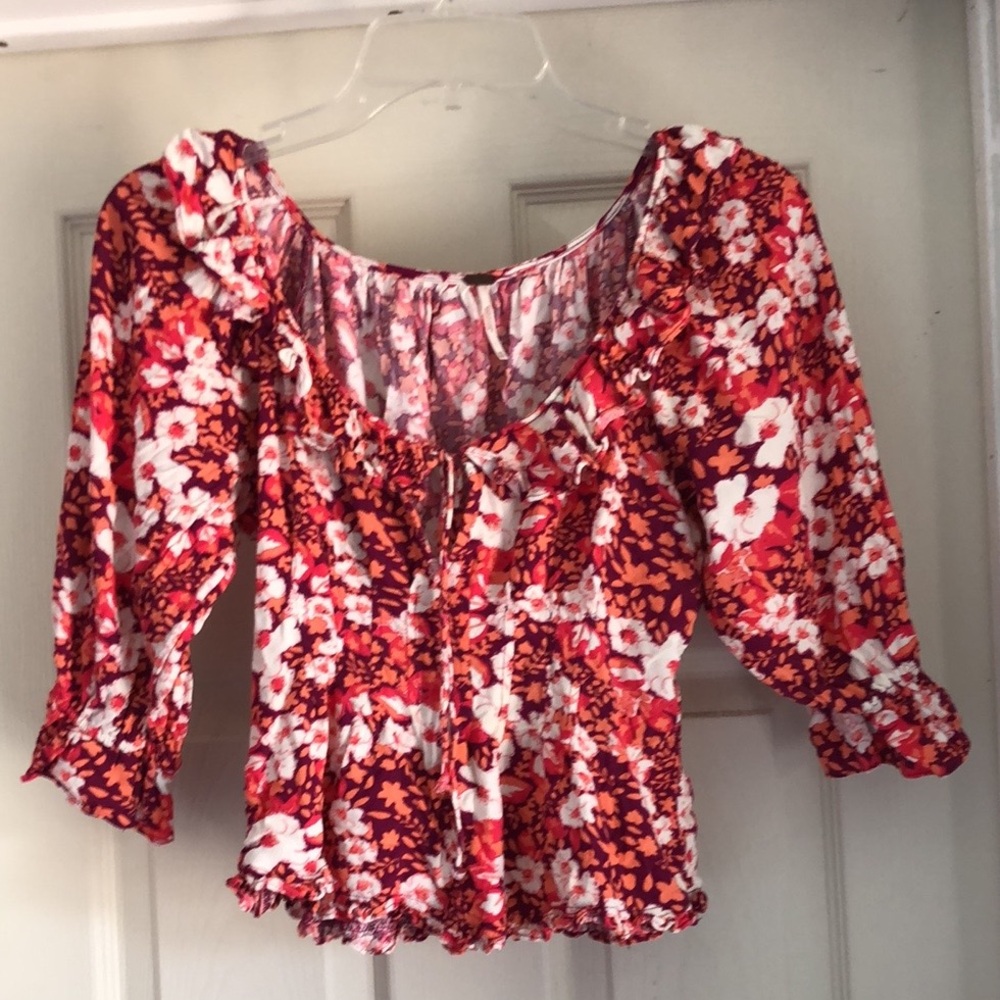Free People Size XS Peasant Top Boho Red & Orange Short Sleeve Festival